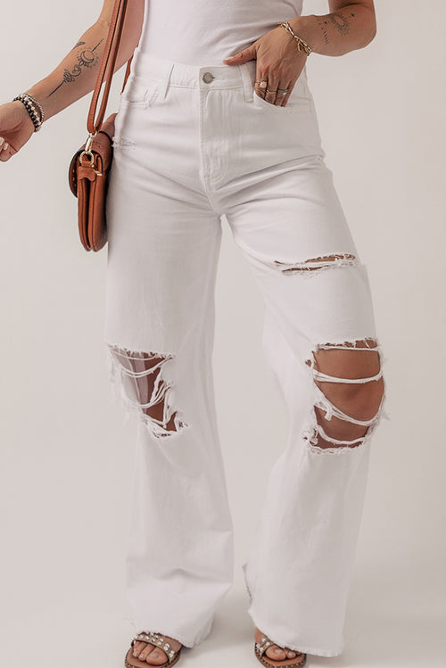 Edgy Vibes White Distressed Straight Leg Jeans