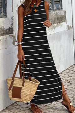 Brown Stripe Print Open Back Sleeveless Maxi Dress with Slits