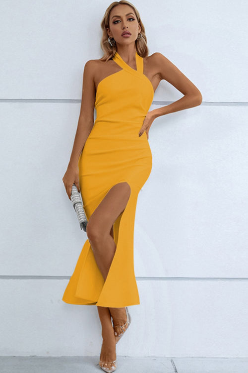 Luxurious Halter Neck Fishtail Midi Dress