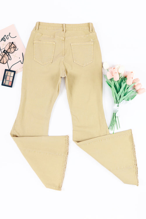 Khaki Raw Edge Flared Jeans: Fresh & Chic