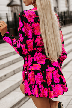 Elegant Rose Floral V Neck Sleeve Dress