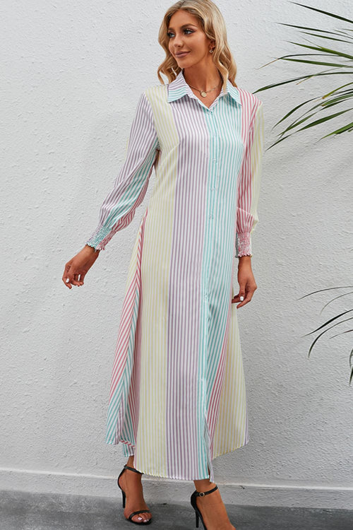 Rainbow Striped Maxi Shirt Dress