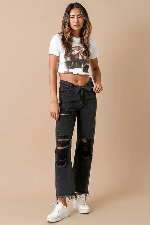 Rock the Flip Waist Black Denim Jeans! 🖤