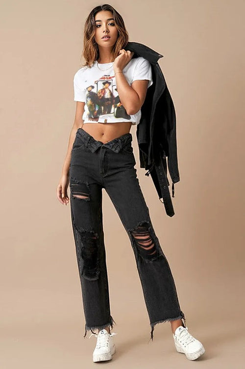 Rock the Flip Waist Black Denim Jeans! 🖤