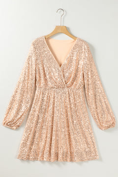 Apricot Sequin V-Neck Elegance Dress