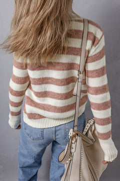 Charming Brown Striped Round Neck Sweater for Serene Days