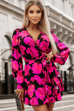 Elegant Rose Floral V Neck Sleeve Dress