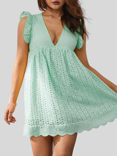 Eyelet Ruffled Mini Dress with Cap Sleeves