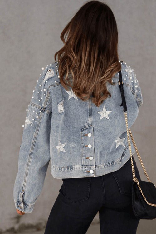 Sky Blue Distressed Pearls Star Cropped Denim Jacket