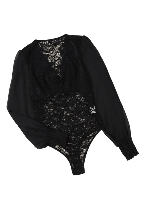 Black Lace Bodysuit with Bubble Sleeves