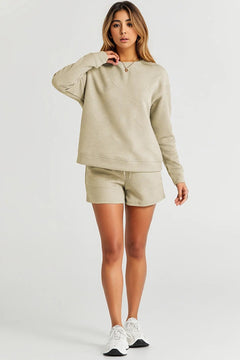 White Textured Long Sleeve Top and Drawstring Shorts Set