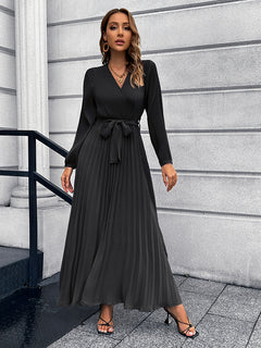 V-Neck Pleated Maxi Dress with Tie Waist