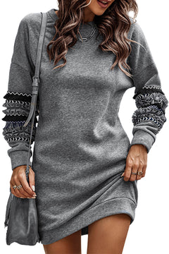 Exquisite Grey Fringed Ruffled Sweatshirt Dress