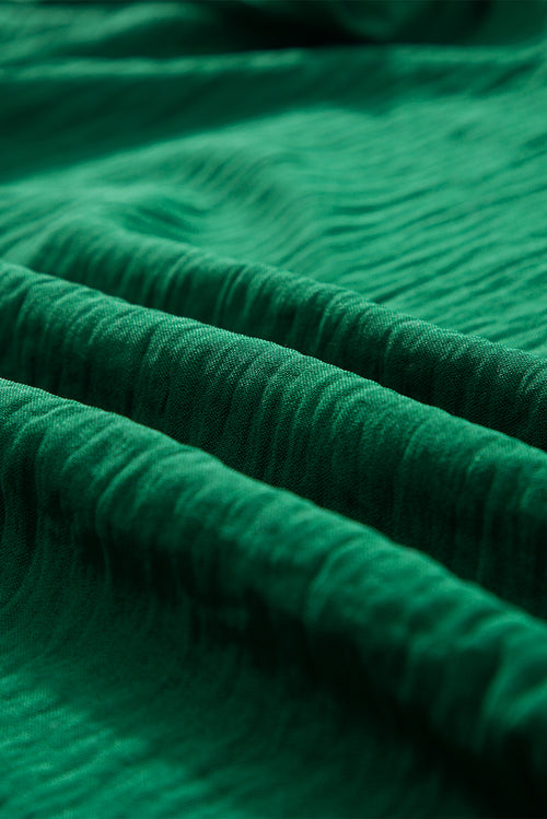 Dark Green Solid Color Textured Pleated Flutter Sleeve Blouse