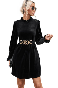 Elegant Black Velvet Frill Neck Shift Dress