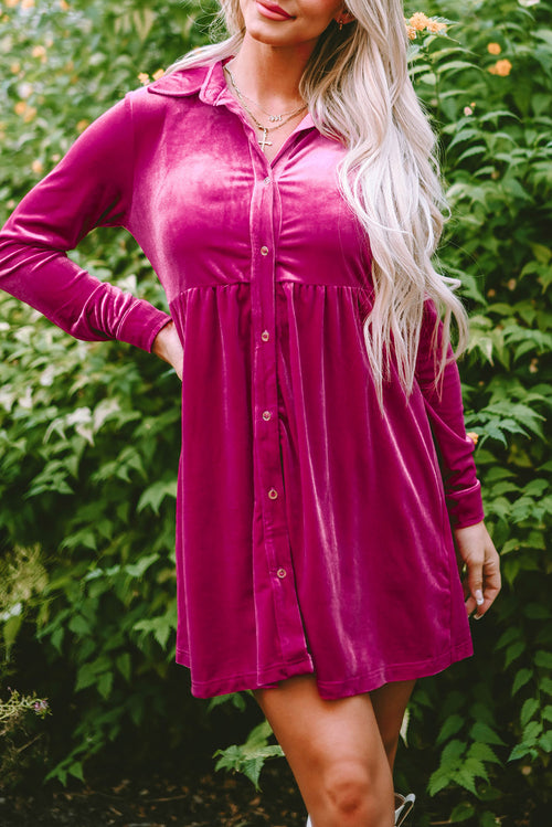 Elegant Rose Velvet Button-Up Dress: Luxe Sophistication