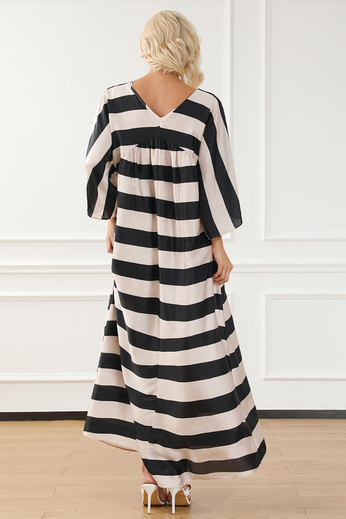 Luxurious V-Neck Striped Ruched Dress