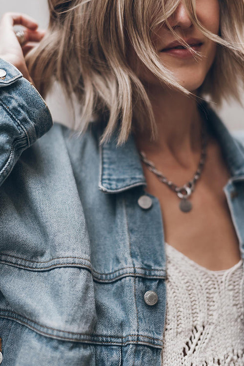 Sky Blue Metal Buttons Flap Pocket Drop Shoulder Denim Jacket