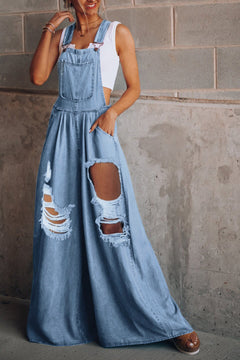 Plush Indigo Distressed Wide-Leg Overall