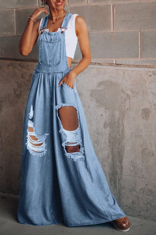 Plush Indigo Distressed Wide-Leg Overall