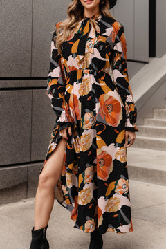 Printed Elegance Tie Neck Flounce Sleeve Dress