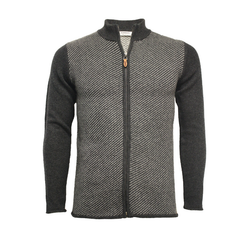 Black Grey Cashmere Zipper Sweater in Diagonal Stitch Vallauris