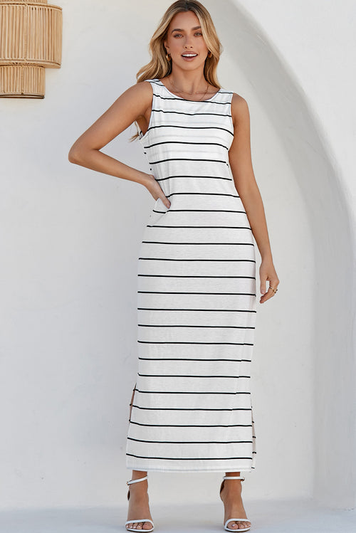 Brown Stripe Print Open Back Sleeveless Maxi Dress with Slits