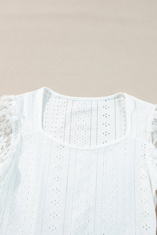 White Frenchy Contrast Lace Bishop Sleeve Bodysuit