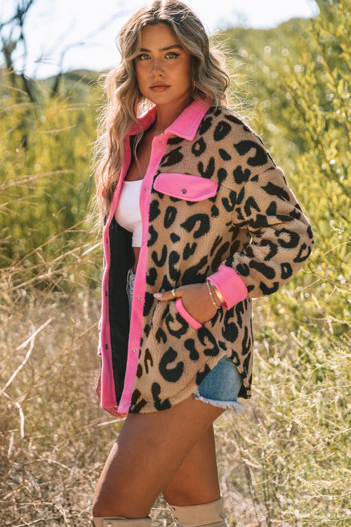 Chic Leopard Teddy Shacket with Contrast Trim