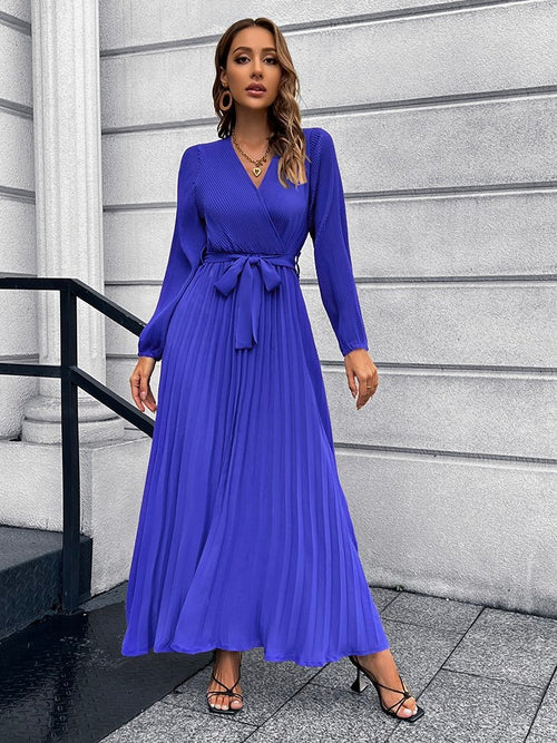 V-Neck Pleated Maxi Dress with Tie Waist