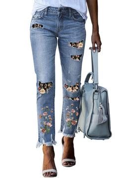 Sky Blue Floral Edgy Skinny Jeans