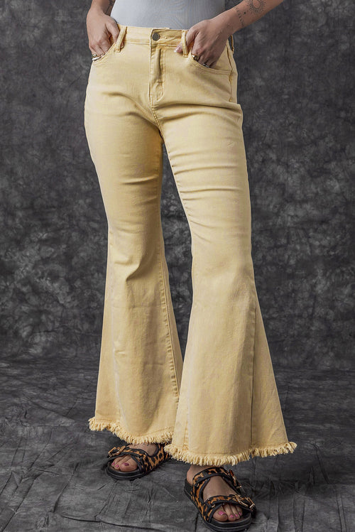 Khaki Raw Edge Flared Jeans: Fresh & Chic