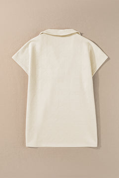 Apricot Textured V Neck Collared Short Sleeve Top