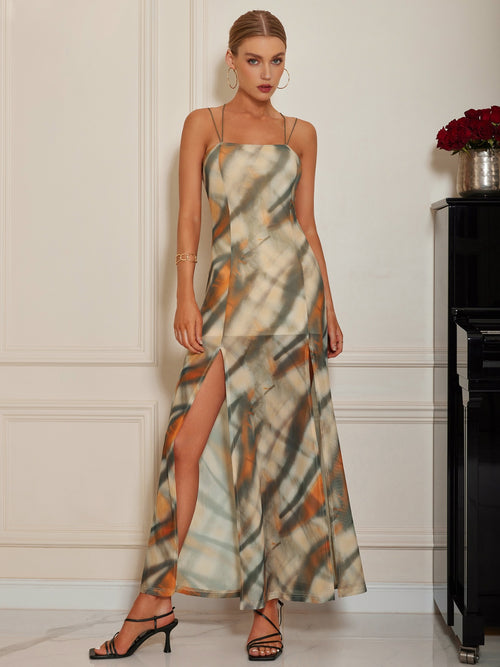 Elegant Slit Square Neck Maxi Cami Dress