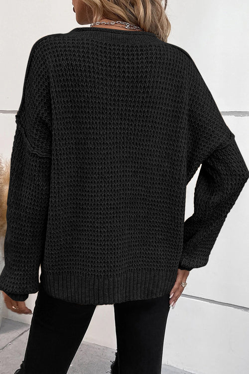 Chic Buttoned V Neck Drop Shoulder Sweater