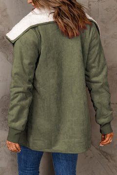 Charming Green Faux Suede Fleece-Lined Open Front Jacket