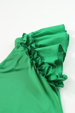 Green One-Shoulder Ruffle Sleeve Bodysuit