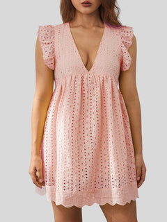 Eyelet Ruffled Mini Dress with Cap Sleeves