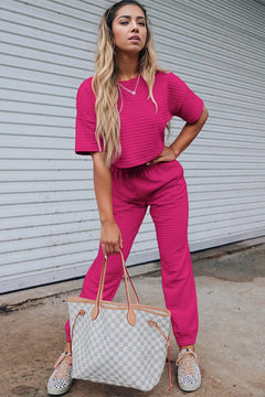 Rose Red Lattice Textured Athleisure Set