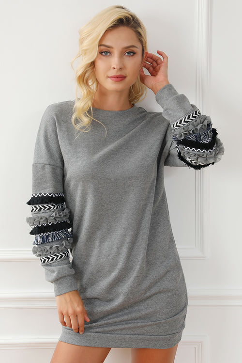 Exquisite Grey Fringed Ruffled Sweatshirt Dress