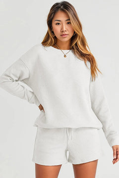 White Textured Long Sleeve Top and Drawstring Shorts Set