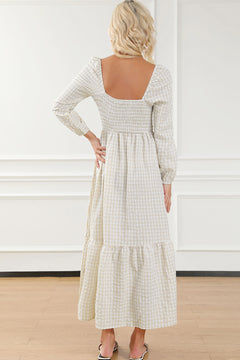 Sophisticated Elegance: Khaki Plaid Tiered Maxi