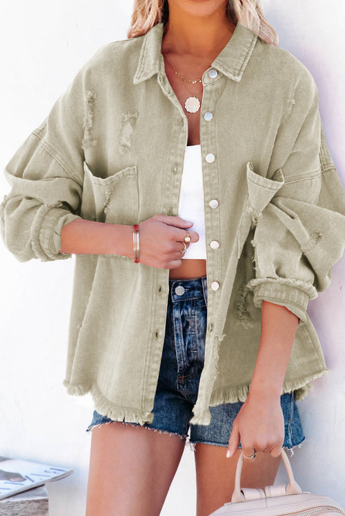 Green Distressed Denim Jacket with Fringe Trim