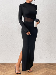 Sheer Elegance Mock Neck Maxi Dress