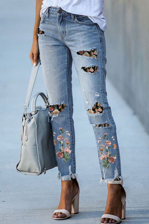 Sky Blue Floral Edgy Skinny Jeans