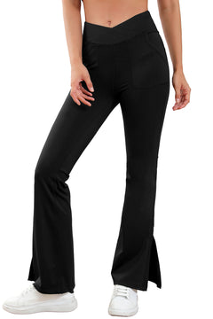 Flared Black Leggings: Chic Cross Waist Split-Hem