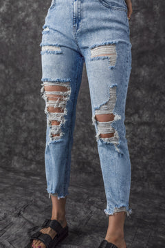 Sky Blue Distressed Slim Fit Acid Wash Jeans