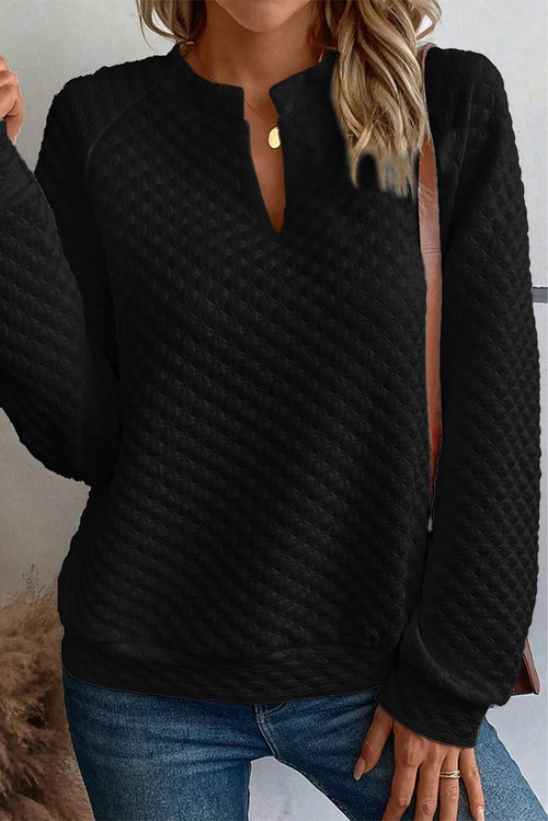 Chic Khaki Quilted Long Sleeve Top with Split Neck Delight