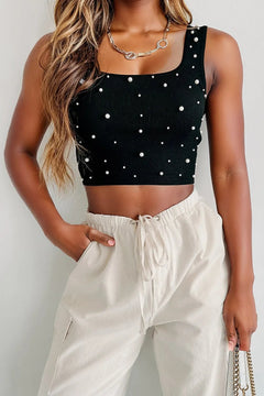 Chic Black Pearl Sleeveless Crop Top: Elevate Your Elegance.