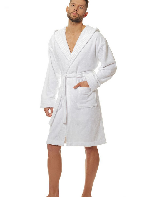 Luxury Men's Hooded Bathrobe: White Elegance.